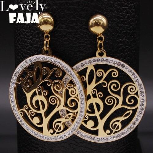 2021 Fashion Note Tree of Life Stainless Steel Crystal Errings for Women Gold Color Big Earings Jewelry aretes de mujer E612732