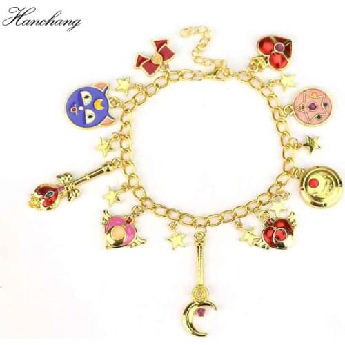 11 Enamel Women Wrisband Jewelry Cartoon Sailor Moon Bracelet Heart Tsukino Sakura Magic Wand Cat Love Cute Bangle Wristlet Gift