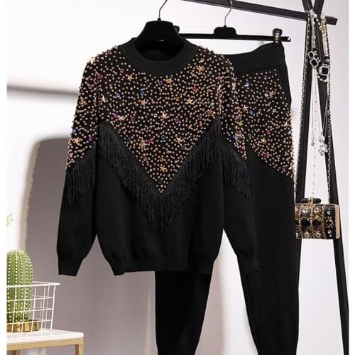 Fashion Knitted Outfits Women Handwork Beading Tassel Sweater Pencil Pants Two Piece Set Female Loose Black Knit Suit Streetwear