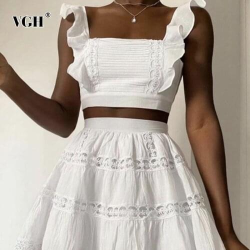 VGH Sexy Patchwork Hollow Out Sets For Women Square Collar Tank Tops High Waist A Line Skirt Female Two Piece Set 2021 Summer