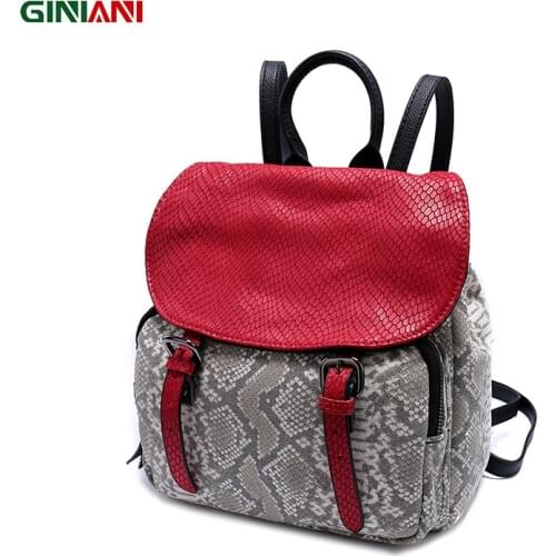 GINIANI Genuine Leather Red Cover Front Solid Pocket Serpentine Small Cutie Girls' Schoolbag Young Ladies Leather Strap Backpack