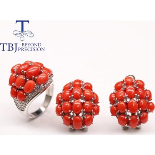 2021 New Natural Red Coral luxury Jewelry Set Real gemstone 925 sterling silver ring clasp earrings for women mom nice gift TBJ