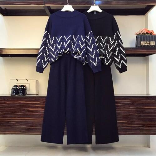 Women Sweater Two Piece Knitted Sets Jacquard Tracksuit Chic Pullover Crewneck Long Sleeve Top Wide Leg Pants suits clothing2021