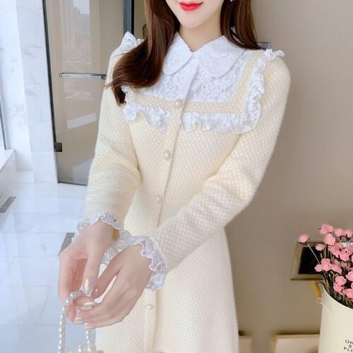 New Autumn Winter Runway Designer Womens Long Sleeve Buttons Embellished Lace Patchwork Thicken Mini Dress