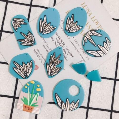20pcs Blue Style Flower Printing Geometry DIY Jewelry Charms Ornament Accessories Floral Round Oval Earring Necklace Pendants