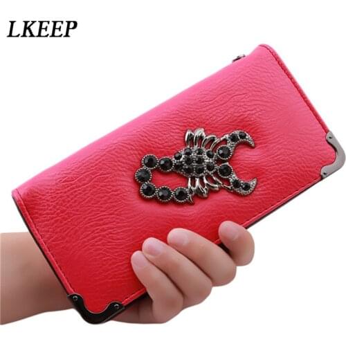 Women Wallets Metal Skull Wallet Card Purse Leather Wristlet Portefeuille Handbags Carteira Feminina
