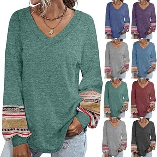 2021 Sping Autumn Fashion V Neck Womens T Shirt Casual Loose Solid Lantern Sleeve Print Elegant Ladies T Shirts Tops Brick Red