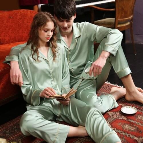 Satin Couple Big Size 2PCS Pajamas Suit M-4XL Lover Spring Autumn New Home Wear Green Sleepwear Full Sleeve Shirt&Pant Nightwear