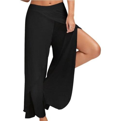 Summer High Side Slit Pants Women Loose Fit Elastic Soft Waist Band Wide Leg Easy To Match Most of Ladies Black Pants Trousers