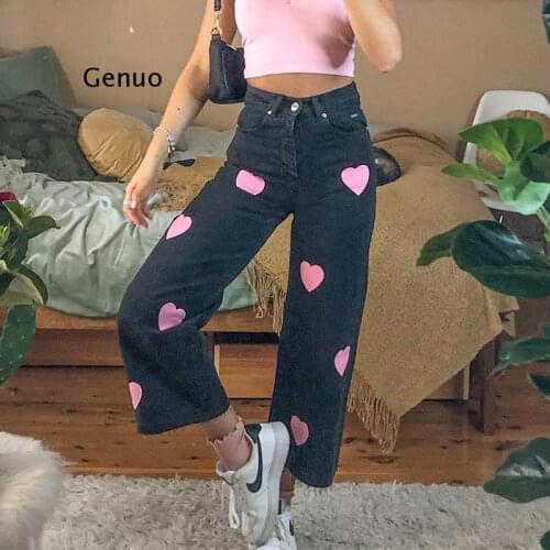 Heart Print Black Casual Jeans Pants for Women Straight High Waist Denim Long Trousers Ladies Harajuku Autumn Winter