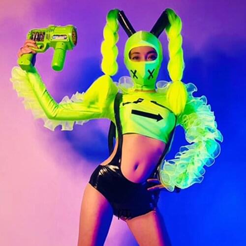 Fluorescent Green Puff Sleeves Tops Pants Bar Women Gogo Dancer Dj Stage Costumes Party Performance Outfit Rave Clothes VDB3472