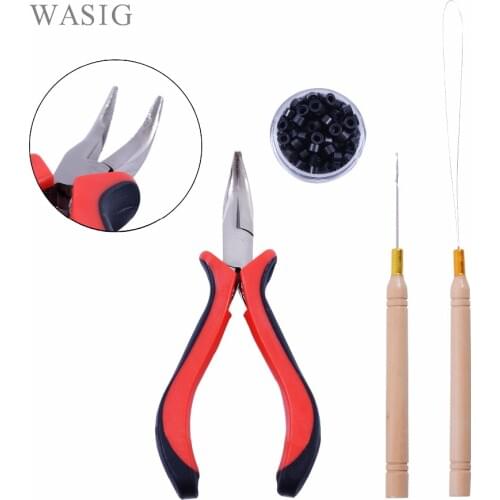 HOT! 1 bottle/200pcs 5mm Micro Links/Beads+2pcs Pulling Needle+1pc Bend tip plier Hair Extensions Tool kit