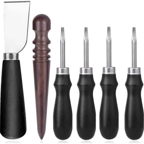 Imzay 6PCS 4Sizes Leather Edge Beveler + Leather Knife + Wood Leathercraft Edge Slicker Burnisher, Skiving Knife
