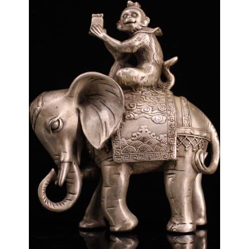 8"Chinese Folk Collection Old Bronze Gilt silver Monkey riding elephant statue Feng Hou Baixiang Office Ornaments Town House