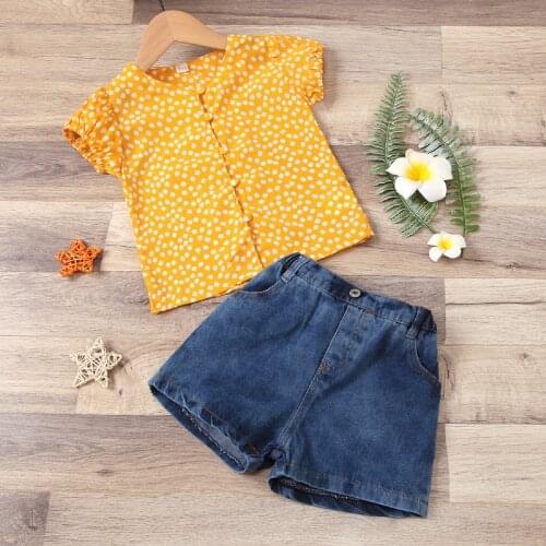 Girl’s Short Sleeve and Shorts Set Fashion Floral Single-breasted T-shirt And Denim Short Pants New Style 2021