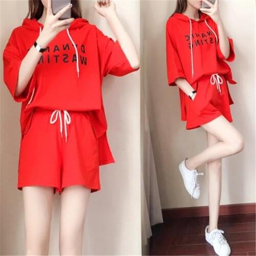 2021 new short sleeve Shorts Set womens summer fashion hooded loose casual running sportswear printed letter two piece setHS658
