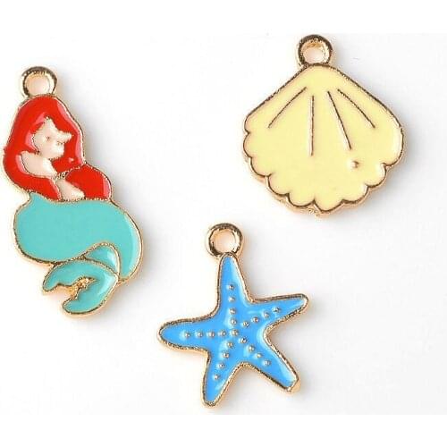 Colorful Drip Oil Jewelry Charms Gold Tone Plated Enamel Sea Star Shell Mermaid Girl Jewelry Earring Necklace Pendants 60pcs