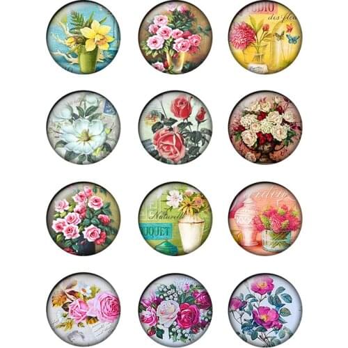 24pcs/lot Round Glass Cabochon 10mm 12mm 20mm 25mm Vintage Flower Images Glass Dome Fit Cameo Base Setting Jewelry Findings T143
