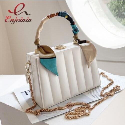 Striped Box Style Fashion Women Purses and Handbags Casual Silk Scarf Chain Shoulder Bag Party Cutch Designer Bag Pu Leather