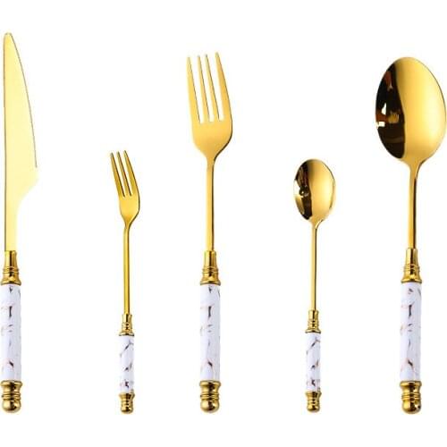 Luxury Ceramic Handle Gold Cutlery Set Stainless Steel Tableware Set Creative Marbling Knife Fork Coffee Spoon Dinnerware Set