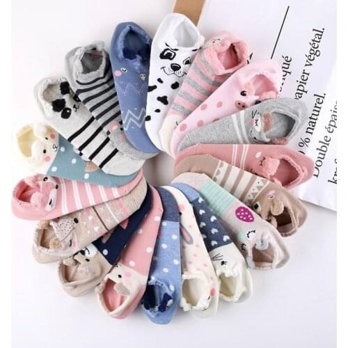 2020 Spring Cute Animal Cotton Socks Women Cartoon Boat Socks Female Kawaii Cat Fox Dog Summer Womens Short Socks Soft Funny