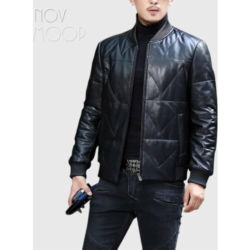 Novmoop 2020 fashion fitting style black sheepskin genuine leather coat men winter thick jacket casaco veste homme LT2980
