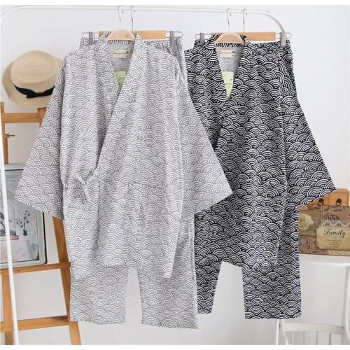 2020 Samurai Men Traditional Kiimoono Pajamas Sets Cotton Wave Print V-neck Loose Japanese Style Sleepwear Pijama Haori Trousers