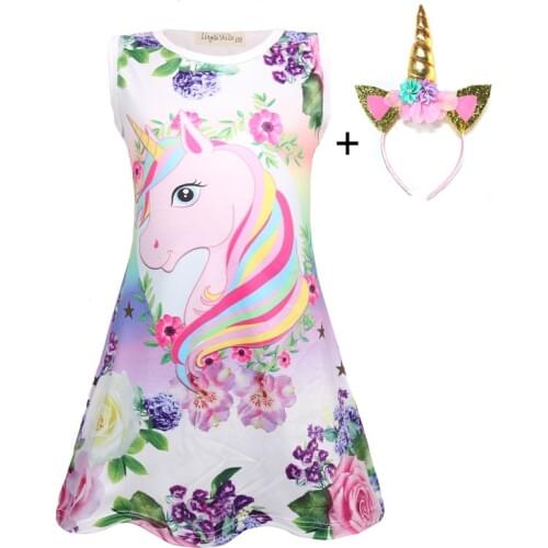 Unicorn Girls Princess Dress Cute Cartoon Cotton Summer Beast Dresses For Halloween Performance Costume 3-8 Years Old Kids Dress