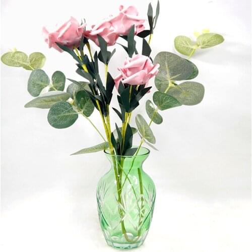 Luxury Czech Style Glass Elegant Green Vase Hand Cut To Clear Crystal Art Deco Flower Vase