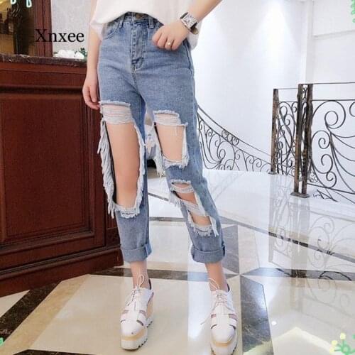 Ripped Jeans Womens Loose Thin Jeans Women Pants Breeches Overalls Vintage Female Torn Trousers long pants hole loose tassel