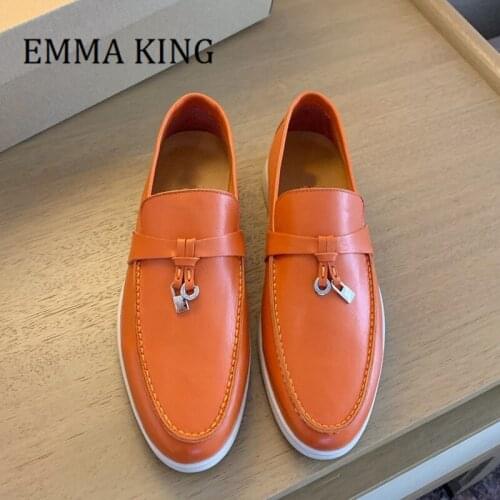 Women Casual Flat Shoes Nature Leather Slip On Loafers Metal Lock Decor Flat Mules Spring Autumn Comfort Walking Shoes Women