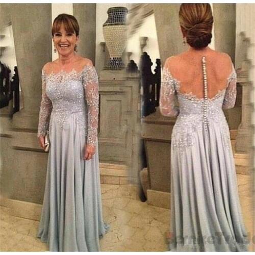 Vintage Long Grey Lace Mother of the Bride Dresses with Sleeves See Through Back Floor Length Wedding Party Dresses for Women