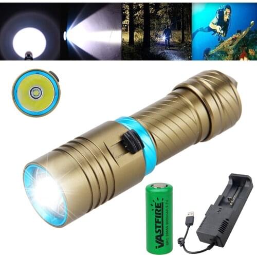 VASTFIR Waterproof Diving Flashlight Torch underwater 1000 LM T6 LED Aluminum Adjust Brightness Light by 18650/26650 Batery
