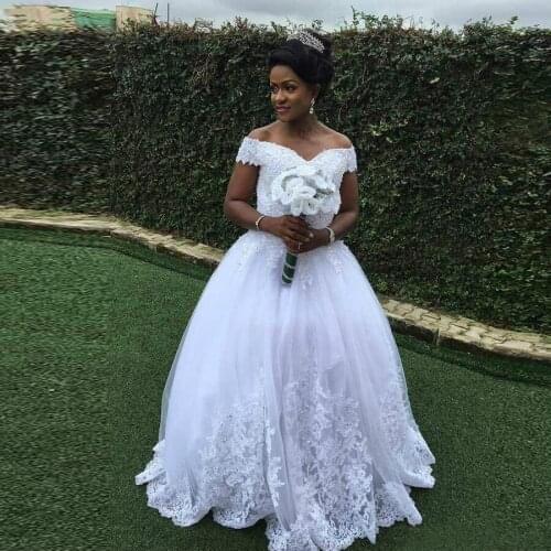 South African Off the Shoulder Tulle Gown With Appliqued Beaded White Wedding Dress Plus Size Lace Up Bridal Gowns For Bride