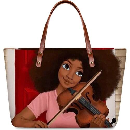 HYCOOL Art African Black Girl Violin Pattern Women Outdoor Casual Hand Bags Stylish PU Leather Handles Tote Bag Woman Pouch