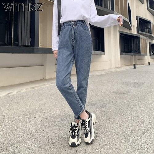 WITHZZ Summer Womens High Waist Denim Trousers Slim Non-elastic Straight Pants Jeans