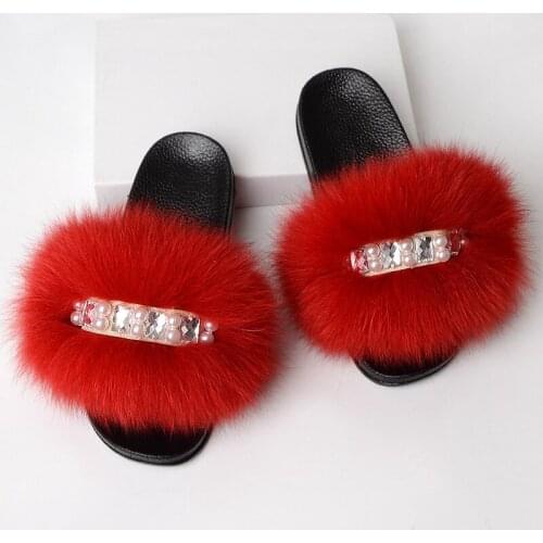 Women faux fox fur slippers furry with silver pearl metal chain 2021 fashion sandals flats fluffy luxurious plus size outdoor