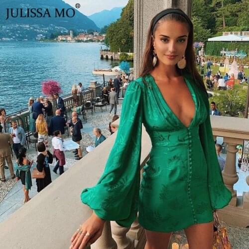 JULISSA MO Green V Neck Sexy Party Dress Women Autumn Lantern Long Sleeve A-line Dress Autumn Vintage Single Breasted Mini Dress