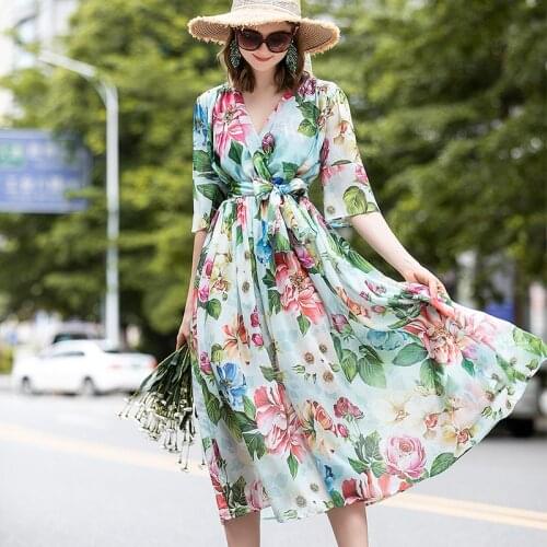 High Quality Silk Dress 2021 Elegant Beach Summer Dress Female Floral Midi Dresses for Women V-neck Vestido De Mujer Pph4203