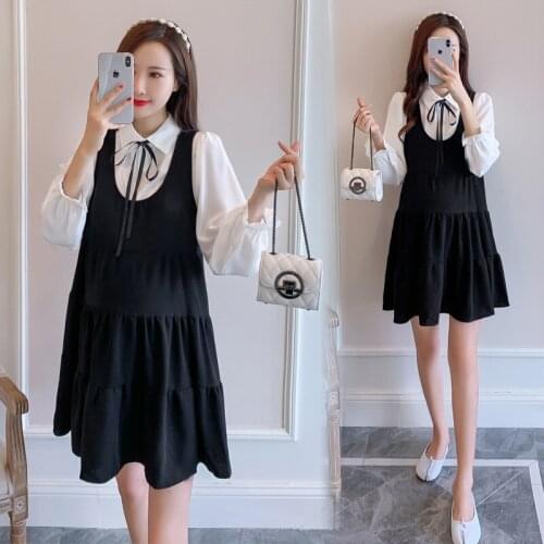 9620# Maternity Dress Spring Autumn Long Sleeve False Two-piece Loose Stylish A Line Dress for Pregnant Women Mom Dress