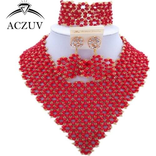 ACZUV Brand Opaque Red African Beads Jewelry Set for Women Wedding Party Bridal Jewelry Sets AJ005