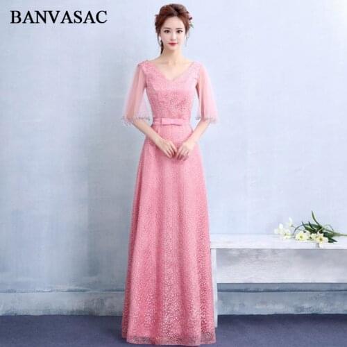 BANVASAC Sexy Crystal Deep V Neck Lace A Line Long Evening Dresses Party Tulle Half Sleeve Bow Sash Backless Prom Gowns