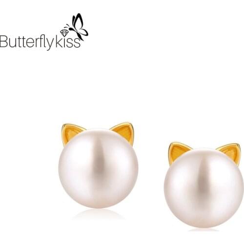 BK Natural Freshwater Pearl Earrings For Women 925 Sterling Silver Cute Cat Stud Earrings Birthday Gift Engagement Fine Jewelry