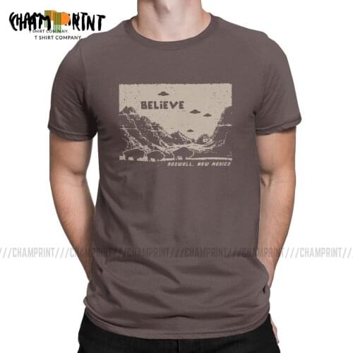 UFO Flying Saucer T Shirts for Men Pure Cotton Funny T-Shirt Round Collar I Want To Believe Area 51 Tees Printed Clothing