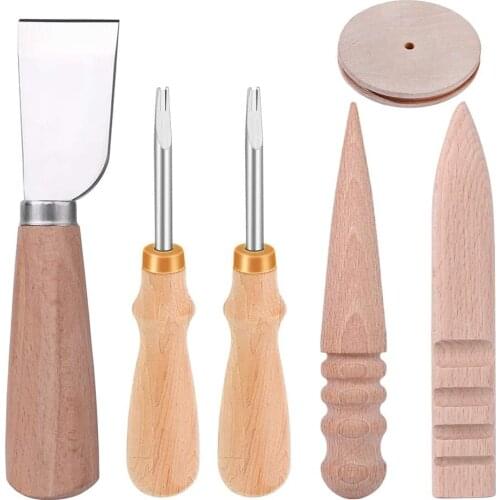 Imzay 6PCS Handle Leather Tools With Leather Knife + 2Sizes Leather Edge Beveler + 3PCS Wood Leathercraft Edge Slicker Burnisher