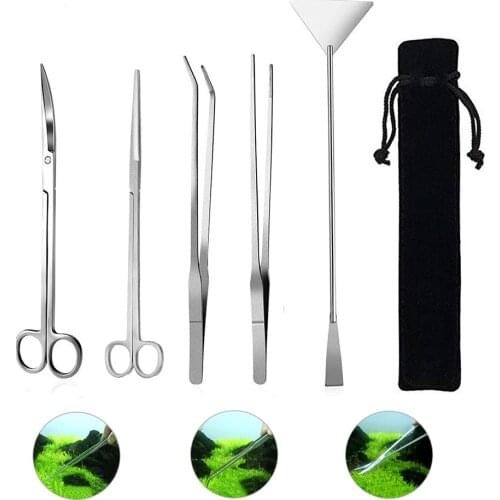 5pcs/set Aquarium Maintenance Tools Fish Tank Cleaning Tool Kit Aquatic Plant Stainless Steel Tweezers Scissor Spatula Tool Set