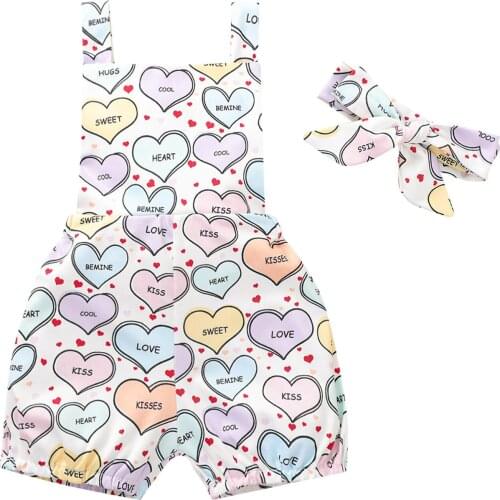 Baby Girl Valentine Heart Love Printed 2Pcs Summer Romper Set Sleeveless Backless Bandage Short Pants Jumpsuits with Headband