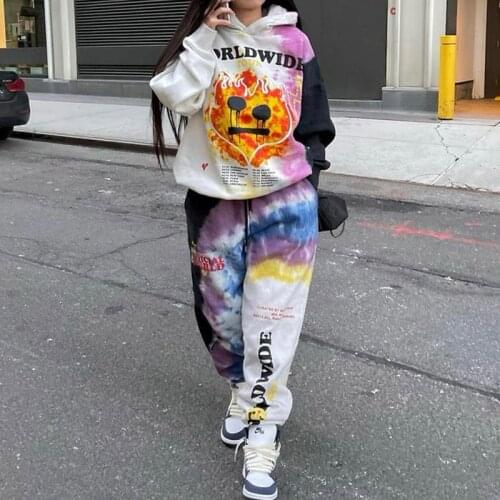 Autumn Winter Thick Hoodies Two Piece Set Women Fashion Print Hooded Pullover and Loose Pants Suits Casual Tracksuit Streetwears