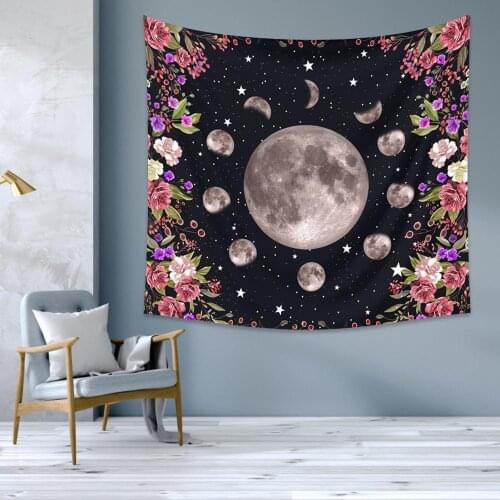 Creative Moon Phase Flower Tapestry Wall Hanging Decor Moonlit Garden Starry Night Blanket for Home Living Room Bedroom