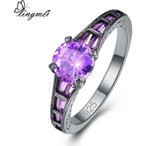 Lingmei Wholesale Wedding Bride Classic Jewelry RoundPurpleRed Zircon Silver Color Black GoldRing Size 6-9
